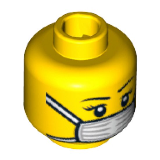 Minifigure, Head Female with Black Thin Eyebrows, Eyelashes and White Surgical Mask Pattern - Hollow Stud