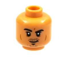 Minifigure, Head Black Eyebrows and Stubble, Eyebrow Raised Right, Dark Orange Cheek Lines Pattern - Hollow Stud