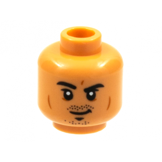 Minifigure, Head Black Eyebrows and Stubble, Eyebrow Raised Right, Dark Orange Cheek Lines Pattern - Hollow Stud