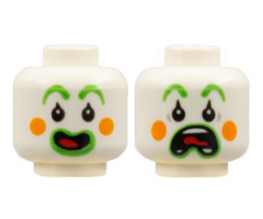 Minifigure, Head Dual Sided Clown Bright Green Eyebrows and Lips, Orange Circles on Cheeks, Red Tongue, Open Smile / Scared Pattern - Hollow Stud