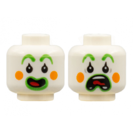 Minifigure, Head Dual Sided Clown Bright Green Eyebrows and Lips, Orange Circles on Cheeks, Red Tongue, Open Smile / Scared Pattern - Hollow Stud