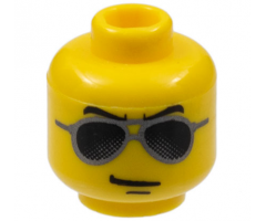 Minifigure, Head Glasses with Black and Silver Sunglasses, Chin Dimple Pattern - Hollow Stud