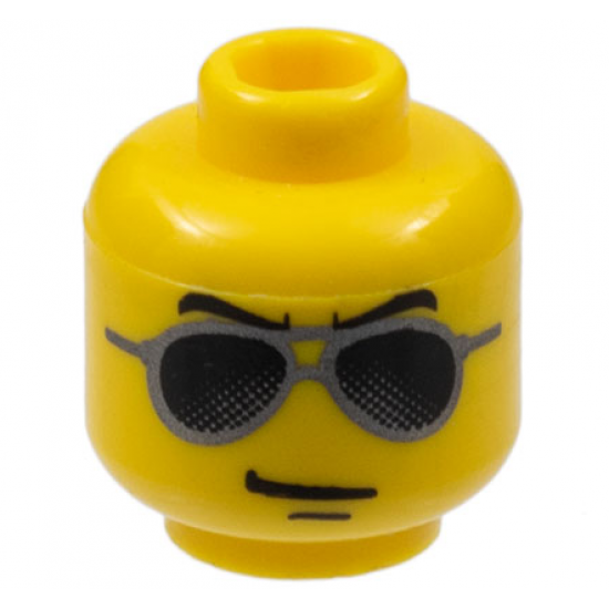Minifigure, Head Glasses with Black and Silver Sunglasses, Chin Dimple Pattern - Hollow Stud