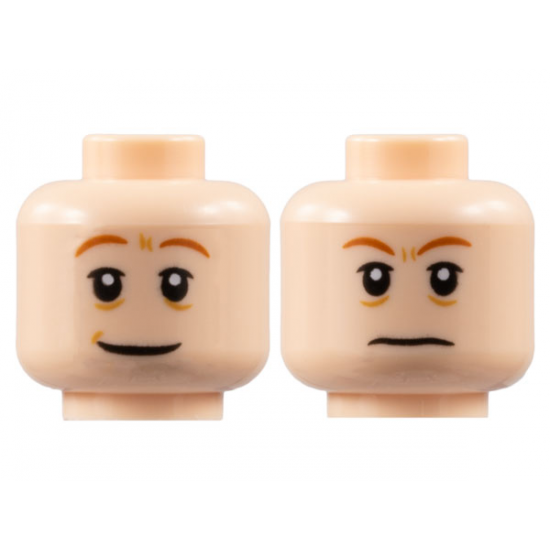 Minifigure, Head Dual Sided, Dark Orange Eyebrows, Medium Nougat Age Lines, Grin / Worried Pattern - Hollow Stud