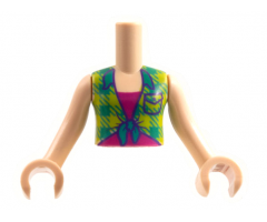 Torso Mini Doll Girl Lime and Bright Green Plaid Shirt over Magenta T-Shirt Pattern, Light Nougat Arms with Hands