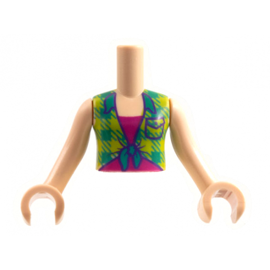 Torso Mini Doll Girl Lime and Bright Green Plaid Shirt over Magenta T-Shirt Pattern, Light Nougat Arms with Hands