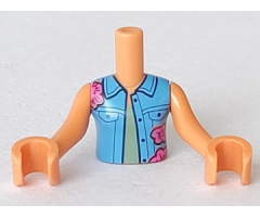 Torso Mini Doll Girl Medium Blue Vest with Dark Pink Flowers over Olive Green Top Pattern, Nougat Arms with Hands