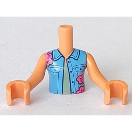 Torso Mini Doll Girl Medium Blue Vest with Dark Pink Flowers over Olive Green Top Pattern, Nougat Arms with Hands