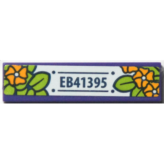 Tile 1 x 4 with 'EB41395', Bright Light Orange Flowers, and Lime Leaves Pattern (Sticker) - Set 41395