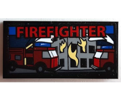Tile 2 x 4 with Screen with 'FIREFIGHTER', Building and Fire Trucks Pattern (Sticker) - Set 60215