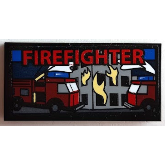 Tile 2 x 4 with Screen with 'FIREFIGHTER', Building and Fire Trucks Pattern (Sticker) - Set 60215