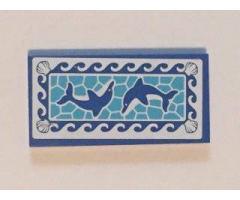 Tile 2 x 4 with Blue Dolphins Pool Mosaic Pattern (Sticker) - Set 41101