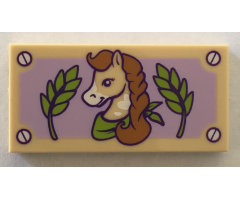 Tile 2 x 4 with Horse with Braided Mane, Green Leaves, and Lavender Background Pattern