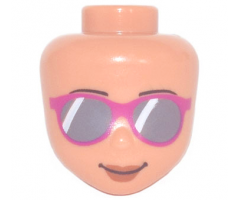 Mini Doll, Head Friends Sunglasses with Dark Bluish Gray Lenses and Magenta Frames, Reddish Brown Lips and Closed Mouth Smile Pattern