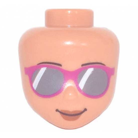 Mini Doll, Head Friends Sunglasses with Dark Bluish Gray Lenses and Magenta Frames, Reddish Brown Lips and Closed Mouth Smile Pattern