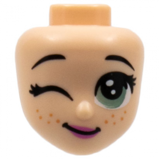 Mini Doll, Head Friends with Black Eyebrows, Large Sand Green Eye Left, Right Wink, Freckles, Dark Pink Lips Pattern (Luisa)