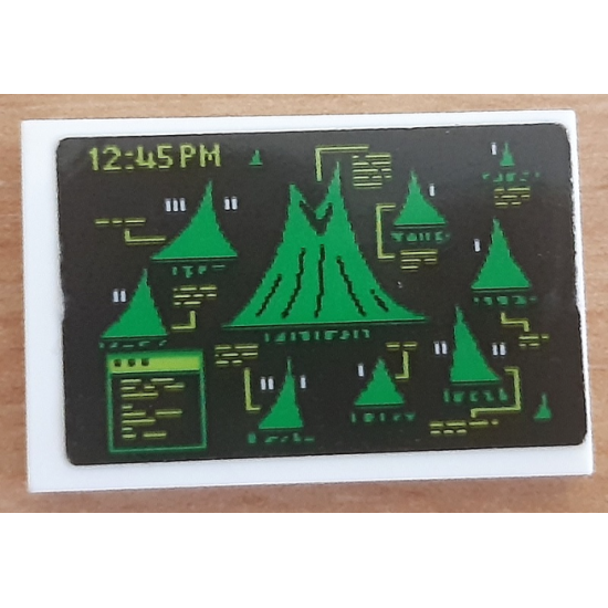 Tile 2 x 3 with Black Screen with Bright Green Volcanoes, Lime '12:45PM' and Lines Pattern (Sticker) - Set 70631