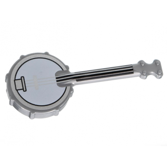 Minifigure, Utensil Banjo with Black Neck, White Body, Silver Strings and Rim Pattern