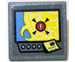 Road Sign 2 x 2 Square with Open O Clip with Screen with Yellow and Medium Blue Map Showing Incident, Note with Alien Pattern (Sticker) - Set 60231