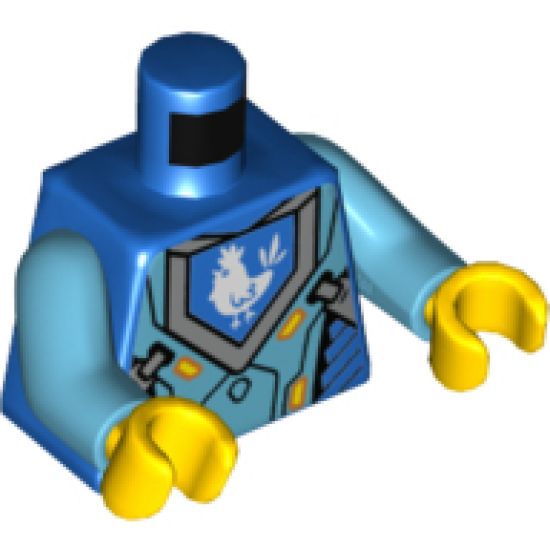 Torso Nexo Knights Armor with Orange and Gold Circuitry and Blue Emblem with White Chicken Pattern / Medium Azure Arms / Yellow Hands