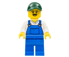 Overalls Blue over V-Neck Shirt, Blue Legs, Dark Green Cap, Moustache