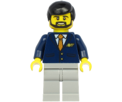 Steward - Male, Black Hair, Dark Blue Suit with Striped Tie, Light Bluish Gray Legs