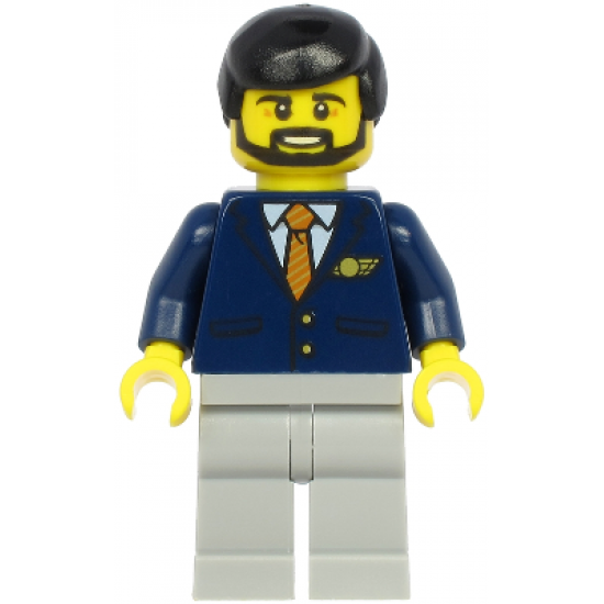 Steward - Male, Black Hair, Dark Blue Suit with Striped Tie, Light Bluish Gray Legs