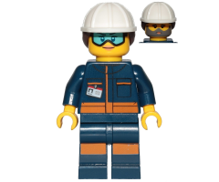 Rocket Engineer - Female, Dark Blue Jumpsuit, White  Construction Helmet with Dark Brown Ponytail Hair, Light Blue Goggles and Face Covered with Dirt