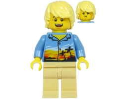 Plane Passenger - Male, Bright Light Yellow Hair, Medium Blue Hawaiian Shirt, Tan Legs