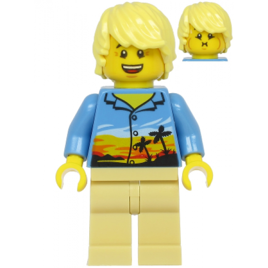 Plane Passenger - Male, Bright Light Yellow Hair, Medium Blue Hawaiian Shirt, Tan Legs
