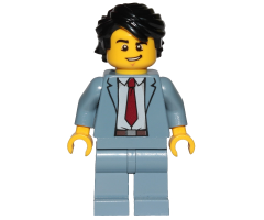 Reporter - Sand Blue Suit, Dark Red Tie, Black Hair Swept Back Tousled