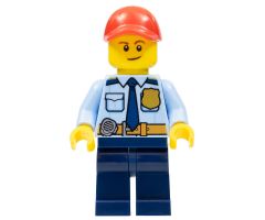 LEGOLAND Park Police Officer with Shirt with Dark Blue Tie and Gold Badge, Dark Tan Belt with Radio, Dark Blue Legs, Red Cap, Lopsided Smile