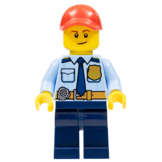 LEGOLAND Park Police Officer with Shirt with Dark Blue Tie and Gold Badge, Dark Tan Belt with Radio, Dark Blue Legs, Red Cap, Lopsided Smile