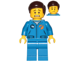 Astronaut - Male, Blue Jumpsuit, Dark Brown Hair Short Combed Sideways Part Left, Scared and Lopsided Smile