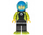 Diver - Male, Black Wetsuit with White Logo and Lime Trim and Flippers, Blue Helmet and Air Tanks