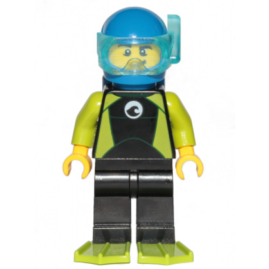 Diver - Male, Black Wetsuit with White Logo and Lime Trim and Flippers, Blue Helmet and Air Tanks