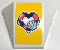 Wedge 4 x 3 Triple Curved No Studs with Dark Blue and Coral Heart Shape Life Preserver and Light Aqua Shell on Yellow Background Pattern (Sticker) - Set 41380