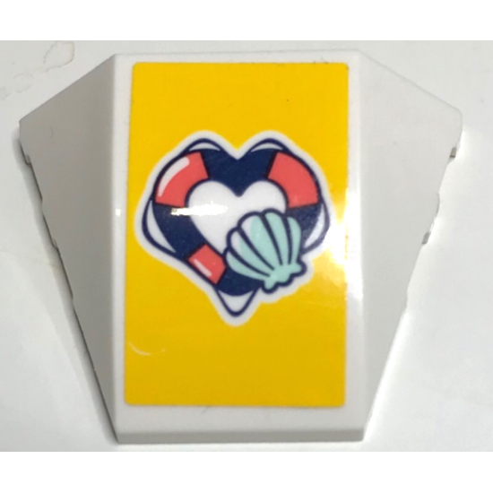 Wedge 4 x 3 Triple Curved No Studs with Dark Blue and Coral Heart Shape Life Preserver and Light Aqua Shell on Yellow Background Pattern (Sticker) - Set 41380