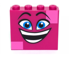 Brick 1 x 4 x 3 with Dark Azure Eyes, Raised Eyebrows, Wide Open Smile and Dark Pink Squares on Two Corners Pattern (Queen Watevra Wa'Nabi Face)