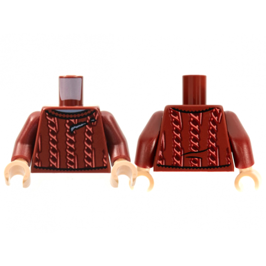 Torso Sweater, Dark Bluish Gray Neck and Rip, Coral Cardigan Bands Pattern / Dark Red Arms / Light Nougat Hands