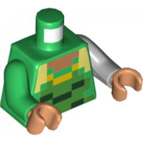 Torso Pixelated Nougat Neck, Bright Green, Dark Green and Yellow Shirt Pattern / Light Bluish Gray Arm Left / Green Arm Right / Nougat Hands