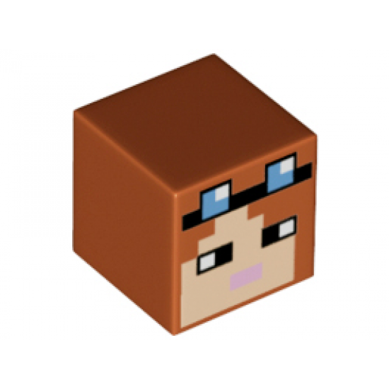 Minifigure, Head, Modified Cube with Pixelated Light Nougat Face, Black Headband and Eyes, Medium Blue Goggles, and Bright Pink Mouth Pattern (Minecraft Blacksmith)