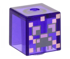 Minifigure, Head, Modified Cube with Pixelated Dark Bluish Gray and Medium Lavender Eyes and Open Mouth Frown, Metallic Pink Spots Pattern (Minecraft Enchanted Creeper)