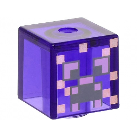 Minifigure, Head, Modified Cube with Pixelated Dark Bluish Gray and Medium Lavender Eyes and Open Mouth Frown, Metallic Pink Spots Pattern (Minecraft Enchanted Creeper)