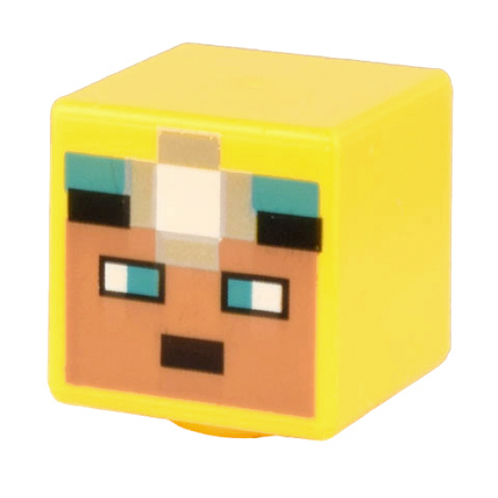 Minifigure, Head, Modified Cube with Pixelated Medium Nougat Face, Dark Turquoise Eyes, Silver Headlamp Pattern (Minecraft Cave Explorer)