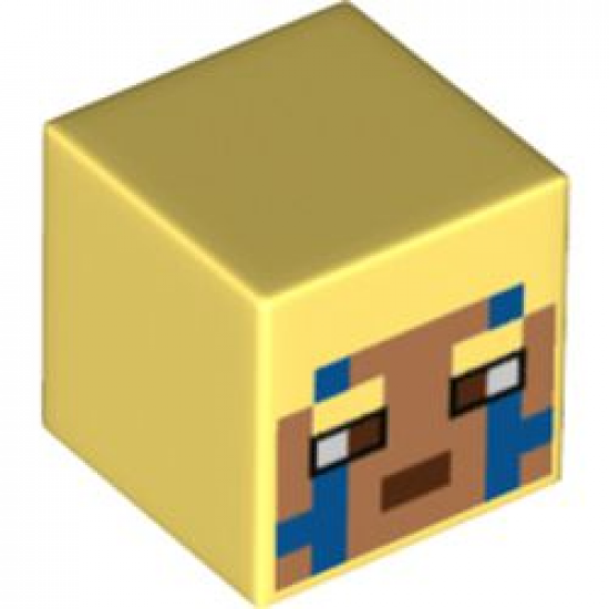 Minifigure, Head, Modified Cube with Pixelated Nougat Face, Blue Stripes, and Reddish Brown Eyes and Mouth Pattern (Minecraft Explorer)