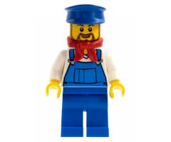 Overalls Blue over V-Neck Shirt, Blue Legs, Blue Hat, Brown Beard Rounded - Cargo Train Driver