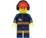 Airport Flagman - Male, Red Helmet with Earmuffs, Dark Blue Jumpsuit with Orange Stripes