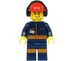 Airport Flagman - Male, Red Helmet with Earmuffs, Dark Blue Jumpsuit with Orange Stripes