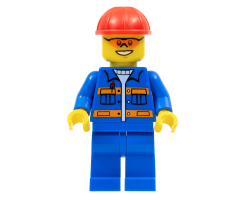 Blue Jacket with Pockets and Orange Stripes, Blue Legs, Red Construction Helmet, Orange Sunglasses